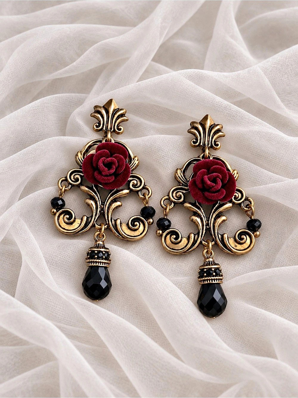 Renaissance Style Burgundy Velvet Rose Antique Gold Tone Earrings